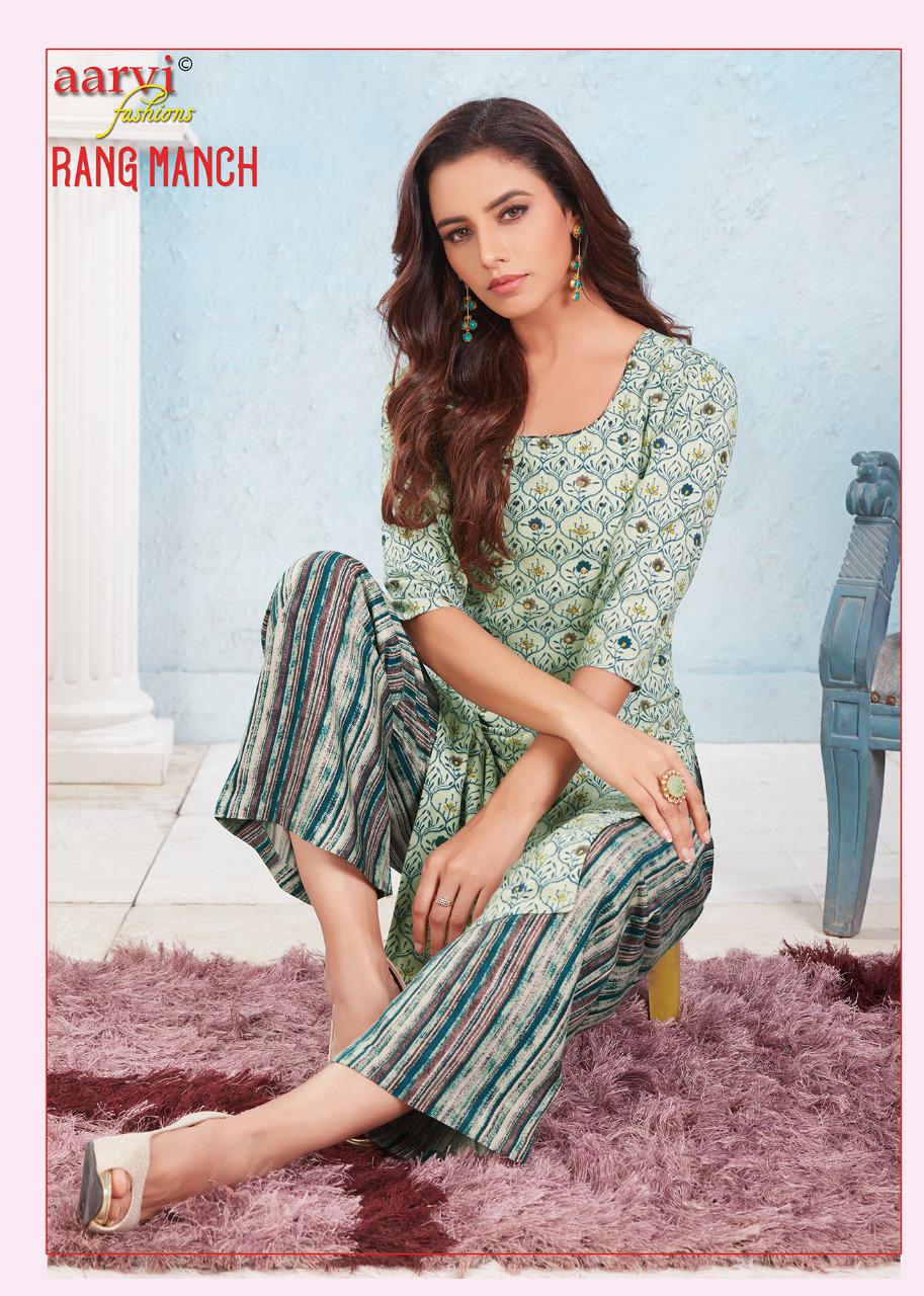 Aarvi Rang Manch Ethnic Wear Rayon Printed Kurti With Bottom Collection